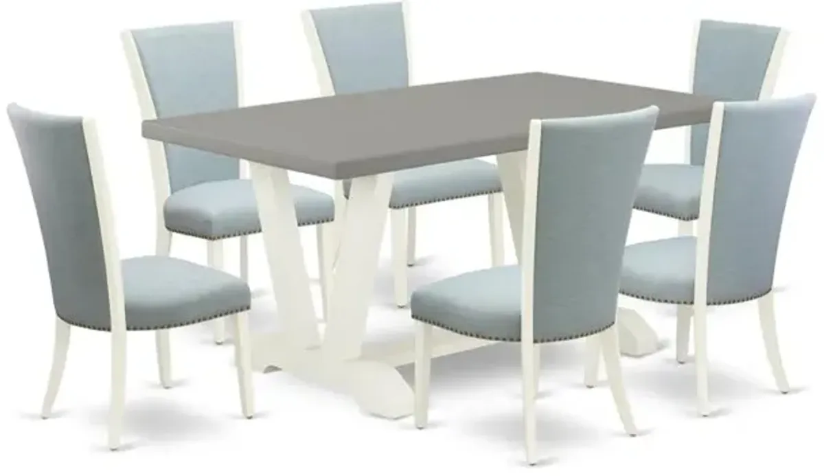 East West Furniture V096VE215-7 7 Piece Dining Table Set - 6 Baby Blue Linen Fabric Upholstered Chair with Nailheads and Cement Wood Dining Table - Linen White Finish