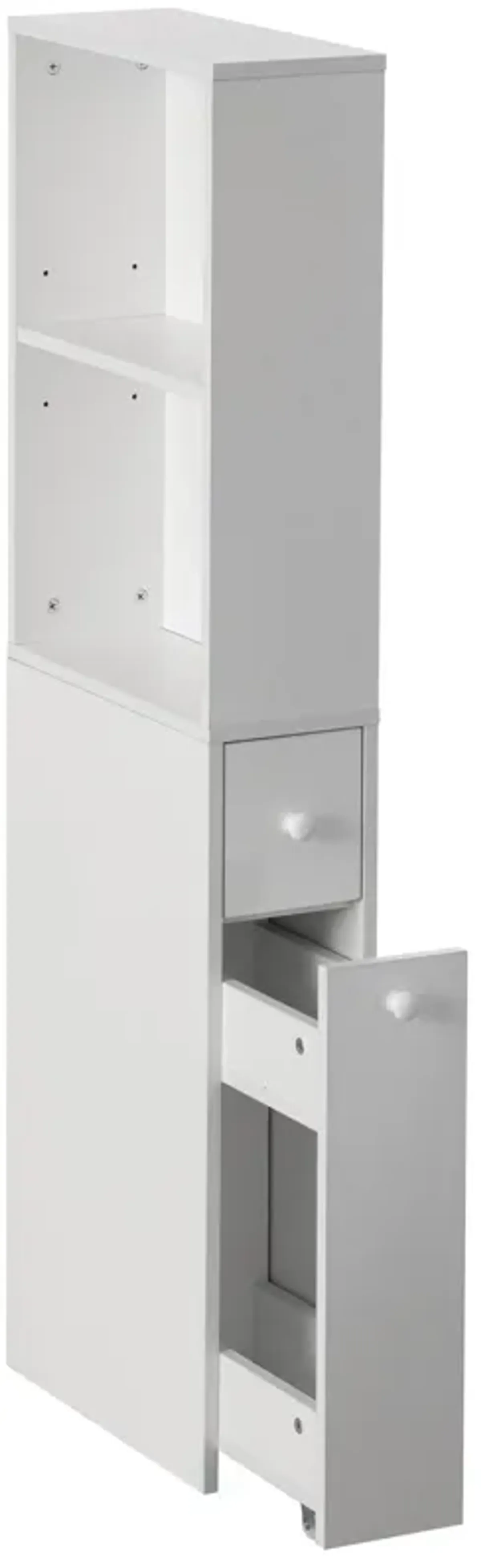 Freestanding Narrow and Slim Design White Bathroom Storage Cabinet - Ideal as Toilet Paper Storage, Feminine Product Organizer or Hair Tool Organizer with Storage Drawer and Adjustable Shelf