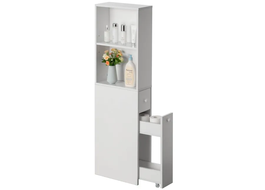 Freestanding Narrow and Slim Design White Bathroom Storage Cabinet - Ideal as Toilet Paper Storage, Feminine Product Organizer or Hair Tool Organizer with Storage Drawer and Adjustable Shelf