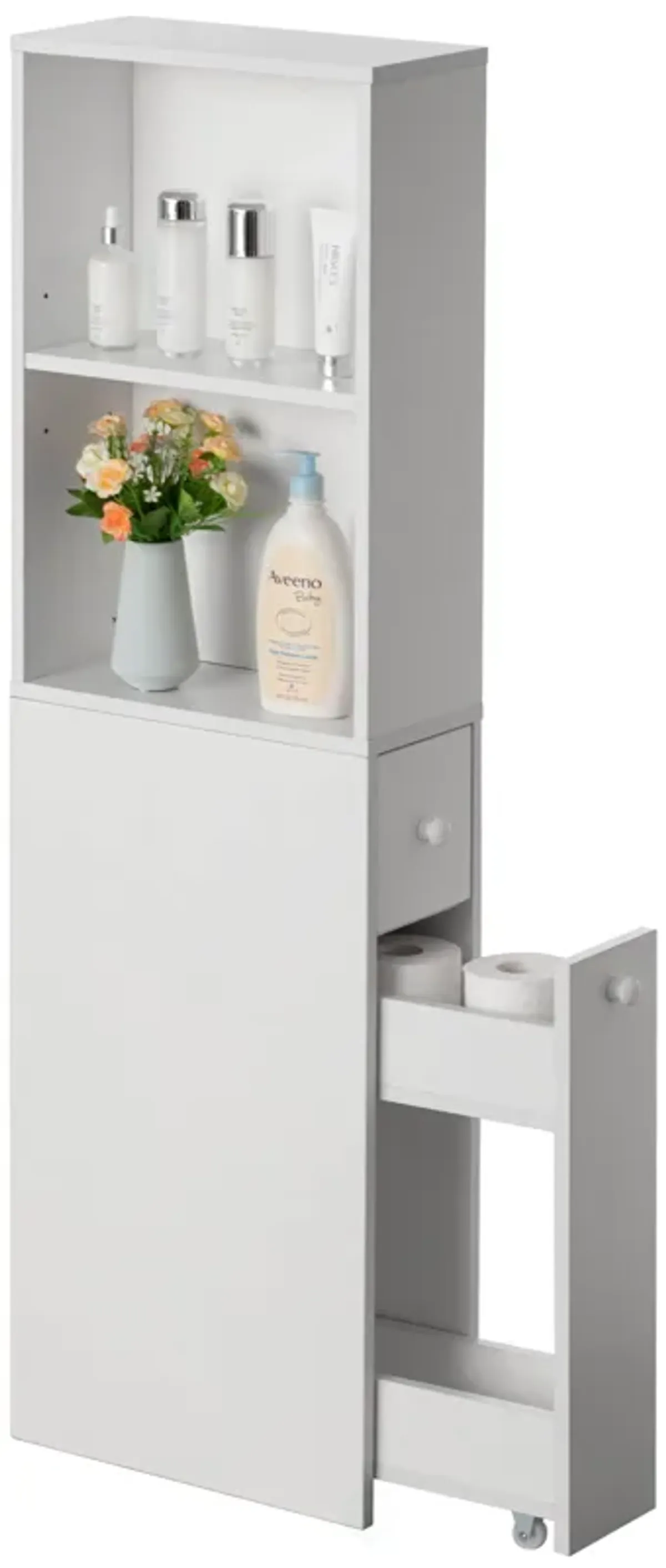 Freestanding Narrow and Slim Design White Bathroom Storage Cabinet - Ideal as Toilet Paper Storage, Feminine Product Organizer or Hair Tool Organizer with Storage Drawer and Adjustable Shelf