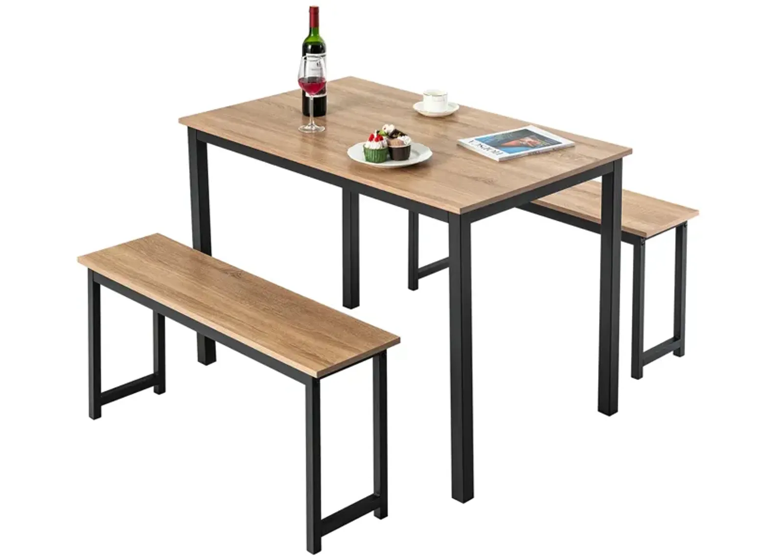 3 Pieces Dining Table Set with 2 Benches for Dining Room Kitchen Bar