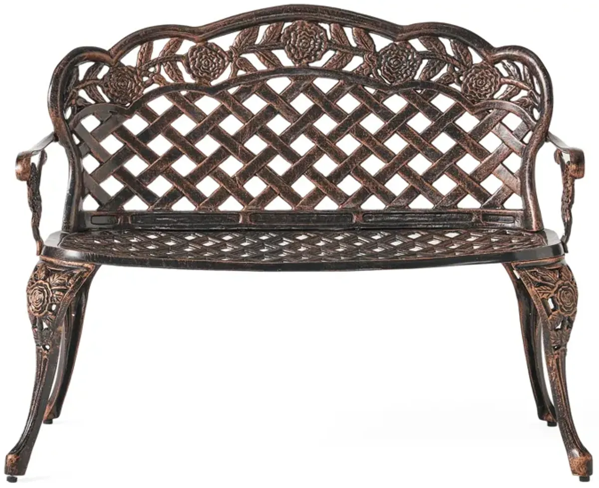 Nexa Outdoor Bench, Lattice Design Aluminum Copper Finish, 43 Inch - Benzara