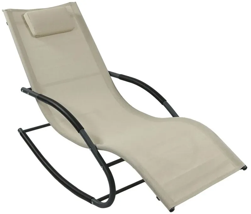 Set of 2 Beige Rocking Chaise Lounger Patio Lounge Chair with Pillow