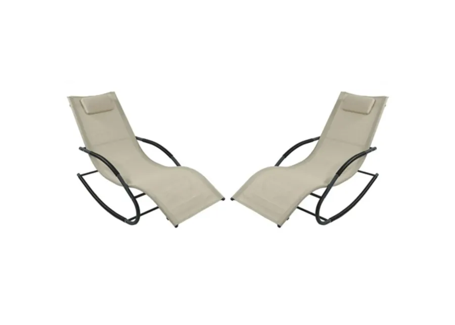 Set of 2 Beige Rocking Chaise Lounger Patio Lounge Chair with Pillow