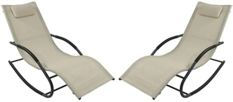 Set of 2 Beige Rocking Chaise Lounger Patio Lounge Chair with Pillow