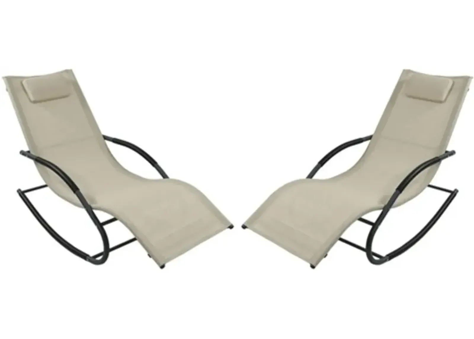 Set of 2 Beige Rocking Chaise Lounger Patio Lounge Chair with Pillow