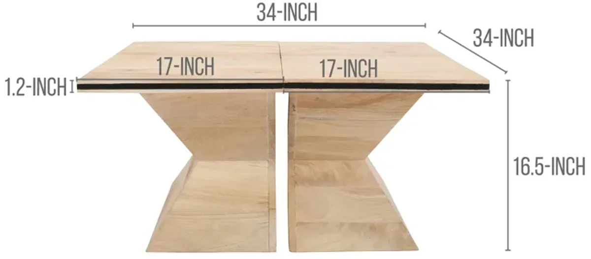 34 Inch Coffee Table, Handcrafted 2 Piece Split Design with Hourglass Base, White Washed Natural Mango Wood - Benzara