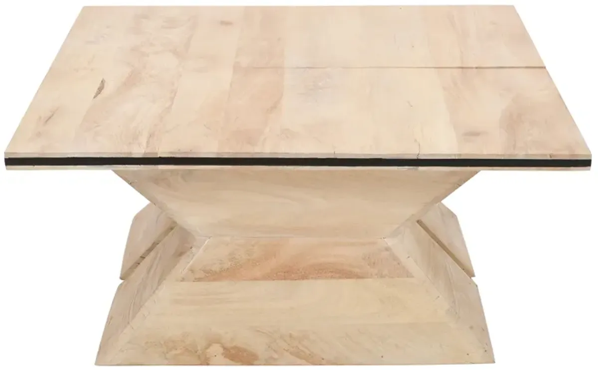 34 Inch Coffee Table, Handcrafted 2 Piece Split Design with Hourglass Base, White Washed Natural Mango Wood - Benzara