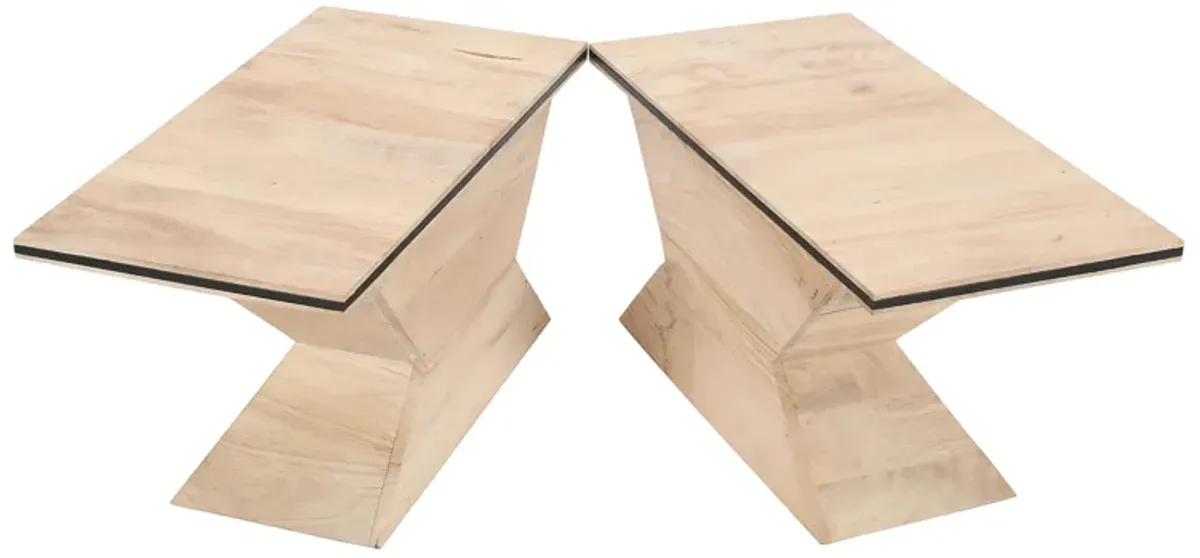 34 Inch Coffee Table, Handcrafted 2 Piece Split Design with Hourglass Base, White Washed Natural Mango Wood - Benzara