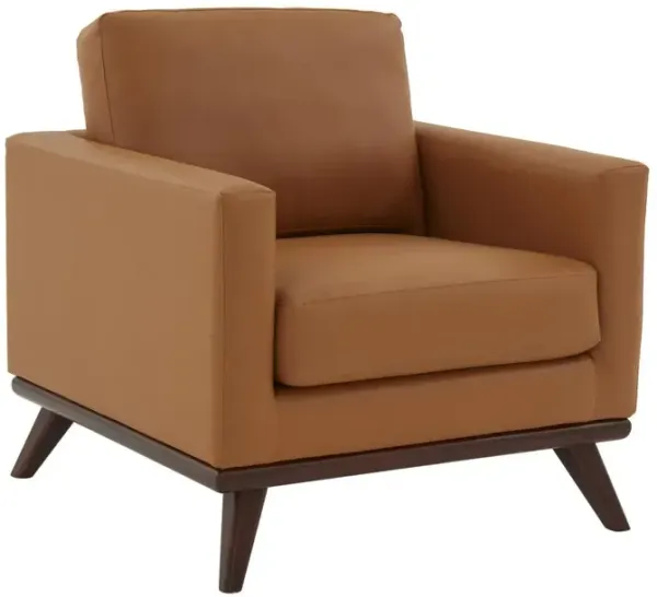LeisureMod Chester Modern Leather Accent Arm Chair With Birch Wood Base, Cognac Tan