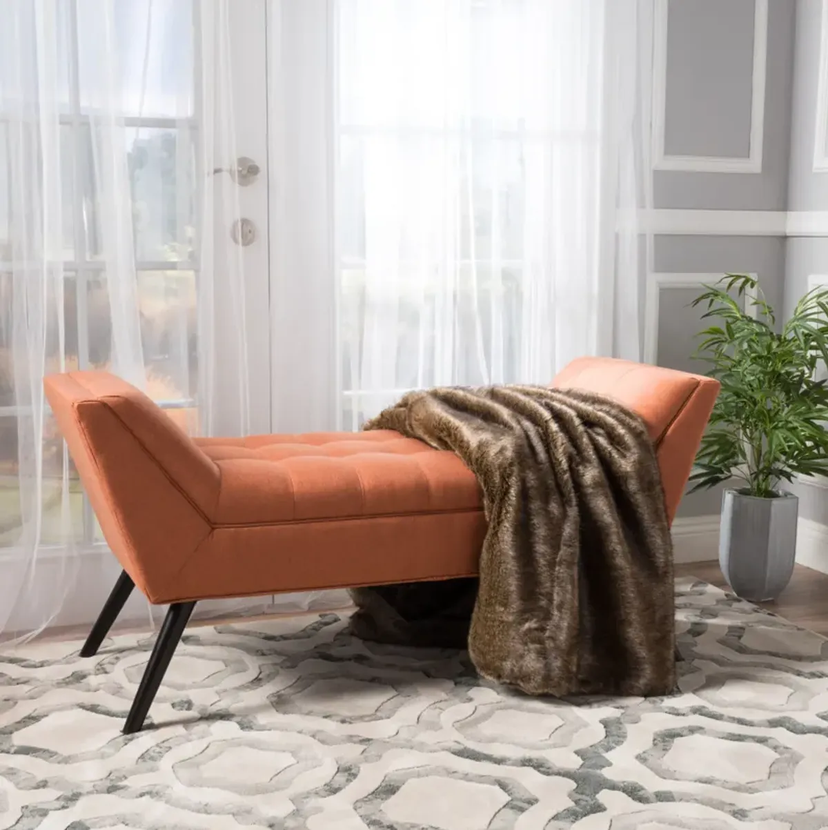 Modern Orange U-Shaped Bench with Plush Cushion