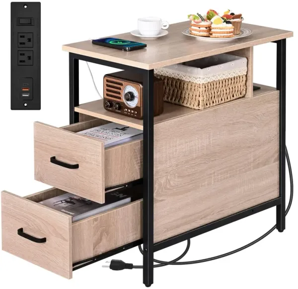 Livofloral Side Tables with Charging Station, Narrow End Table with 2 Wooden Drawers, USB Ports and Power Outlets, Narrow Nights
