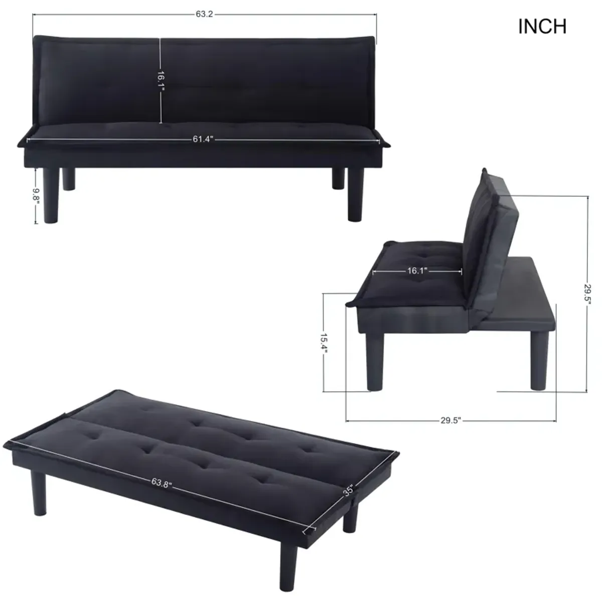 63.2 in. Black Velvet Twin Size Sofa Bed