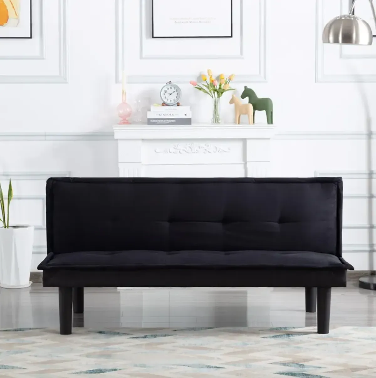 63.2 in. Black Velvet Twin Size Sofa Bed