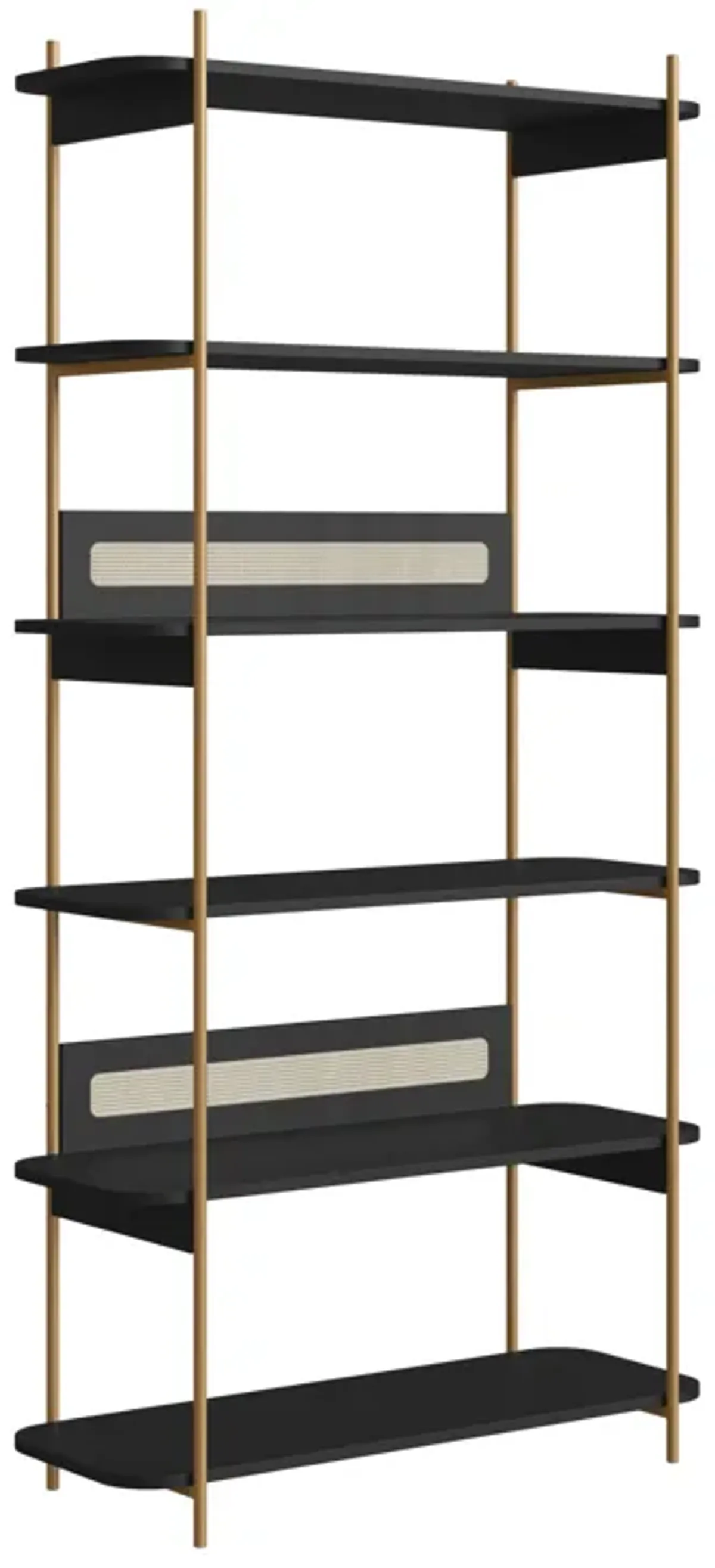 Boho 6 Tier-Bookcase Iron Gold Legs and Rattan Accent -Nero Black