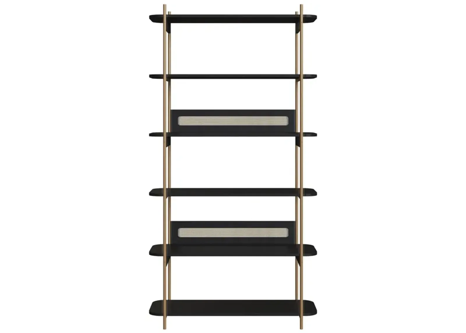 Boho 6 Tier-Bookcase Iron Gold Legs and Rattan Accent -Nero Black