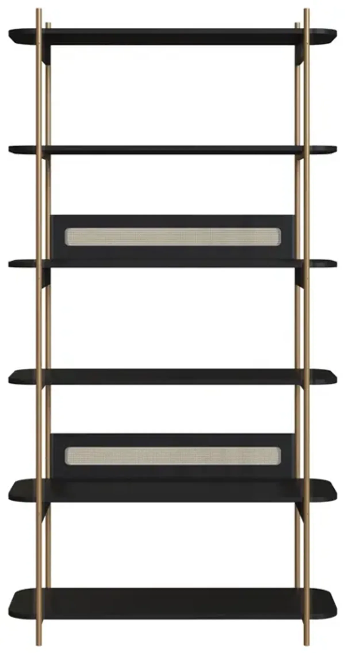 Boho 6 Tier-Bookcase Iron Gold Legs and Rattan Accent -Nero Black