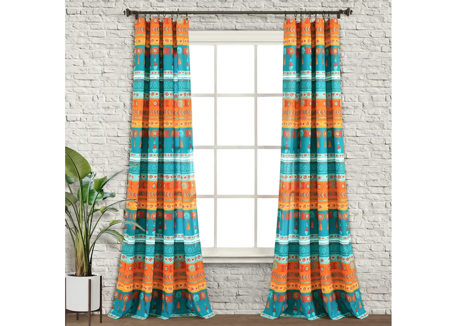 Boho Watercolor Border Window Curtain Panels Turquoise/Multi 52X84 Set