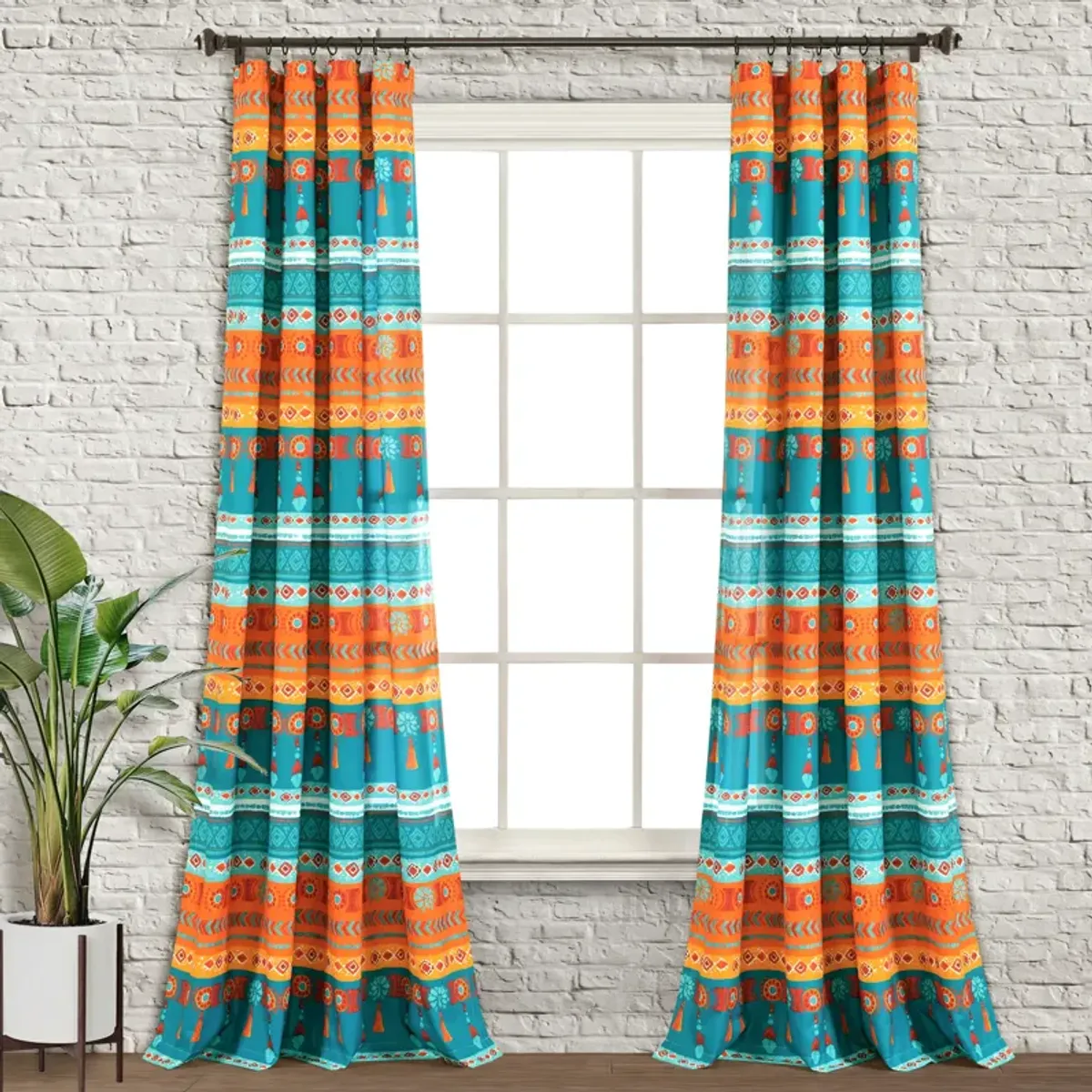 Boho Watercolor Border Window Curtain Panels Turquoise/Multi 52X84 Set