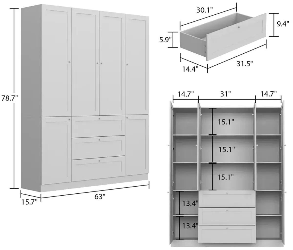 White Wood 63 in. W Sideboard Accent Storage Cabinet Bookcase with Acrylic Glass Doors and 3 Drawers