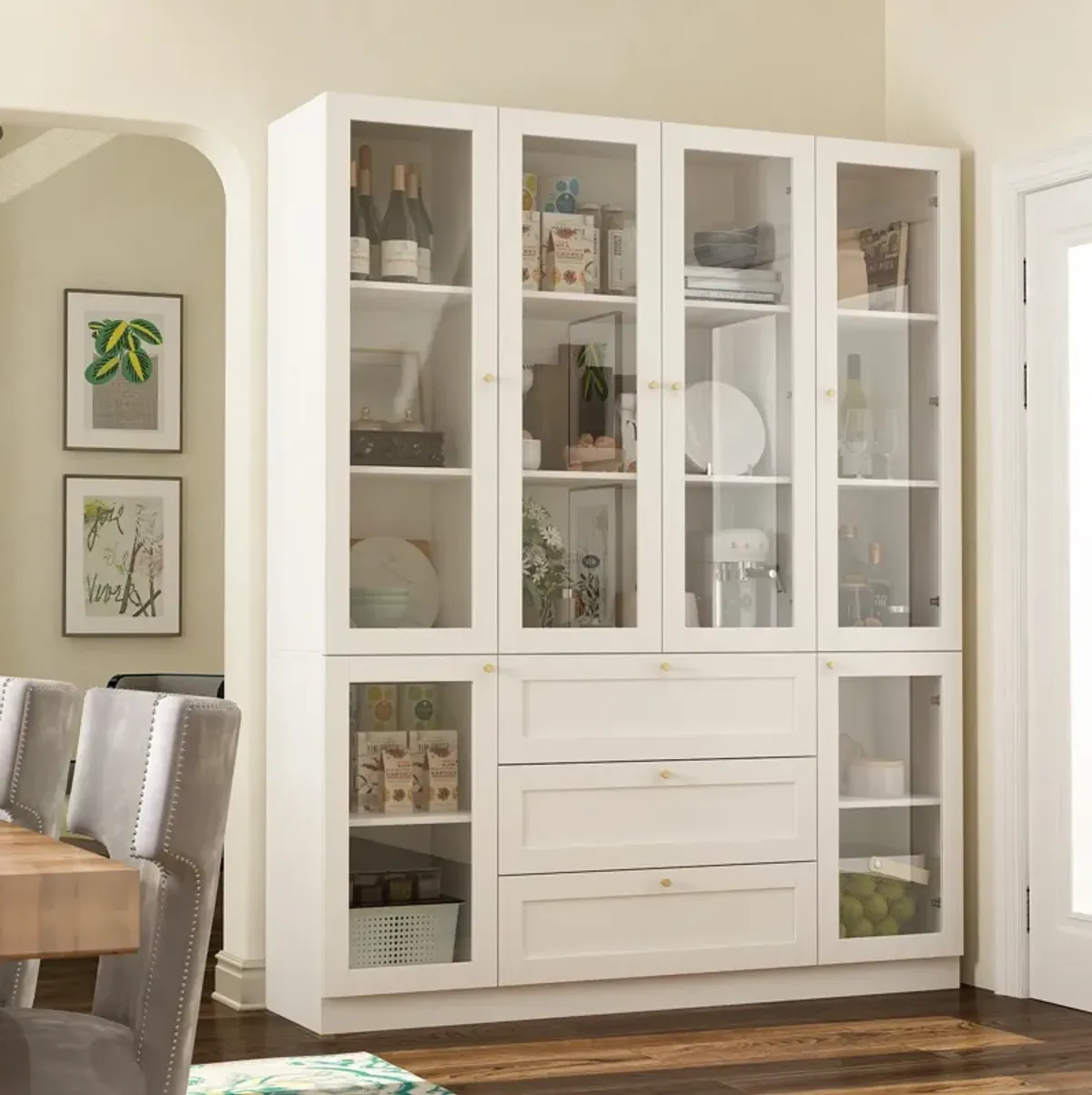 White Wood 63 in. W Sideboard Accent Storage Cabinet Bookcase with Acrylic Glass Doors and 3 Drawers