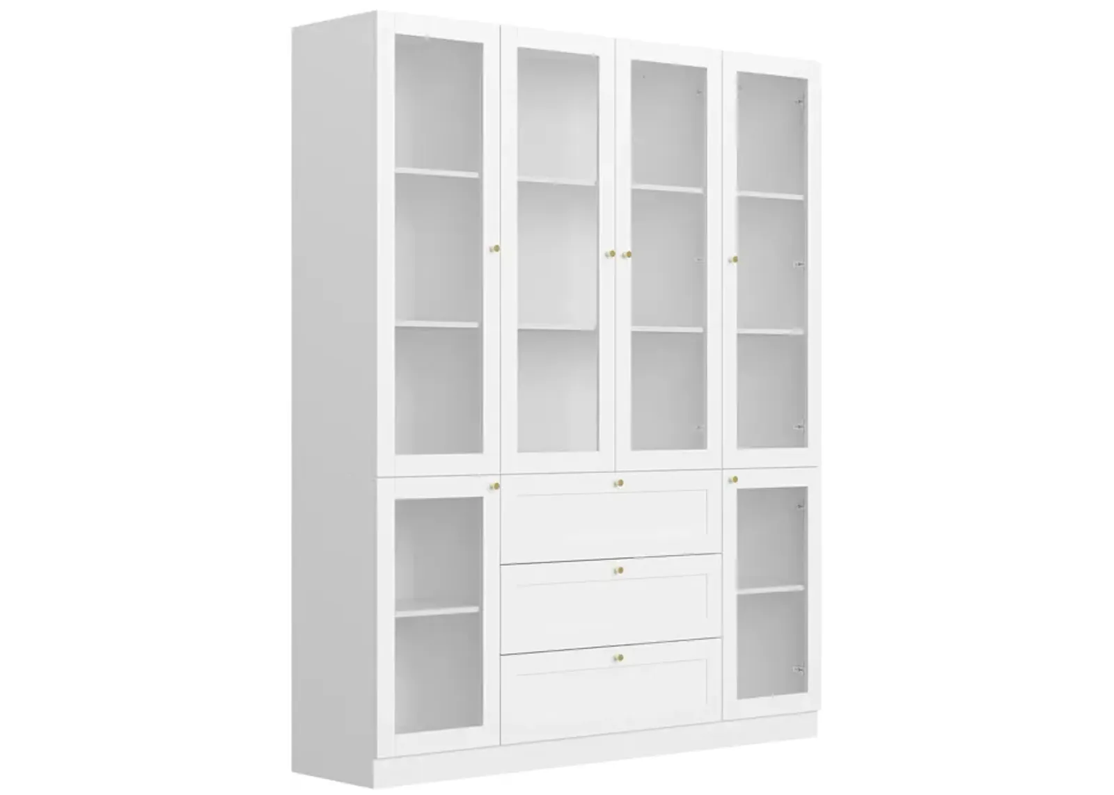 White Wood 63 in. W Sideboard Accent Storage Cabinet Bookcase with Acrylic Glass Doors and 3 Drawers