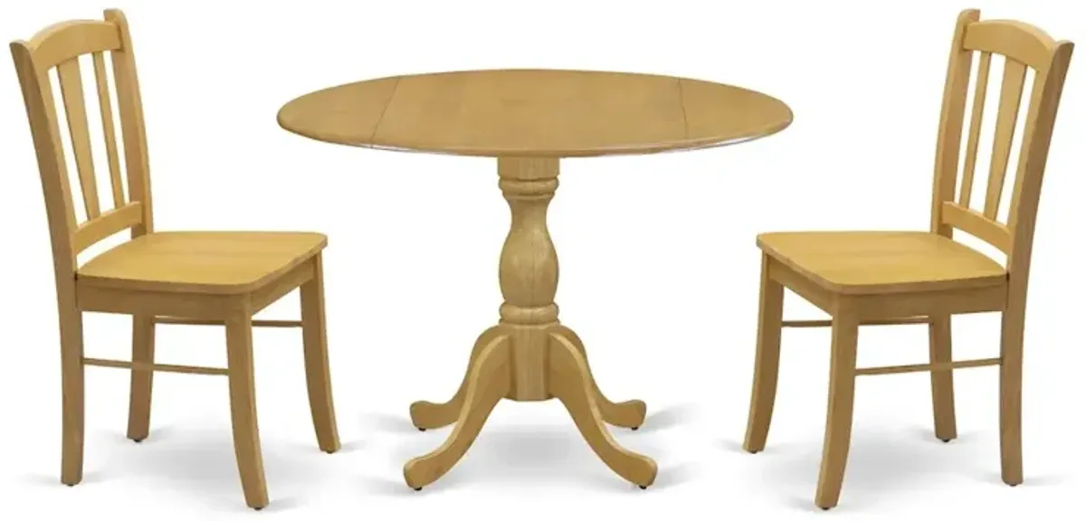 East West Furniture 3-Piece Dining Room Set- 2 Wood Chair with Wooden Seat and Slatted Chair Back - Dropleafs Round Dining Table - Oak Finish