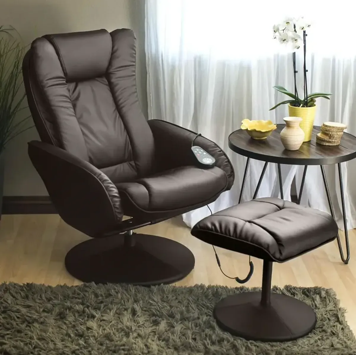 Hivvago Sturdy Brown Faux Leather Electric Massage Recliner Chair w/ Ottoman