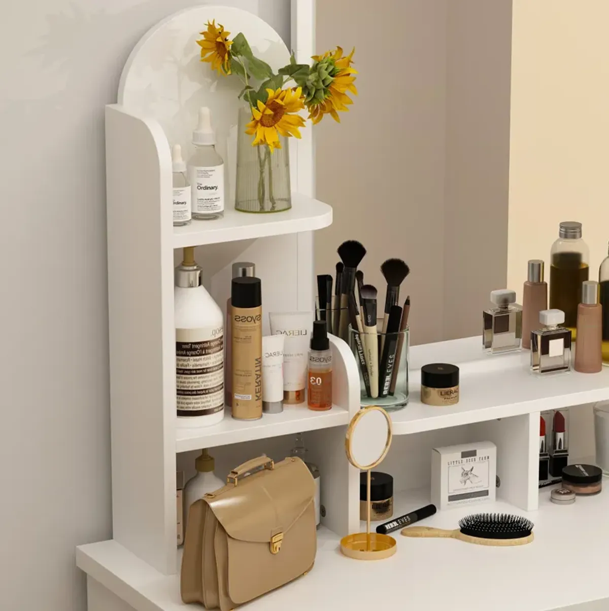 5-Drawers White Makeup Vanity Table Wooden Dressing Desk With Mirror and 3-Tier Storage Shelves 55.1 x 31.5 x 15.7 In.