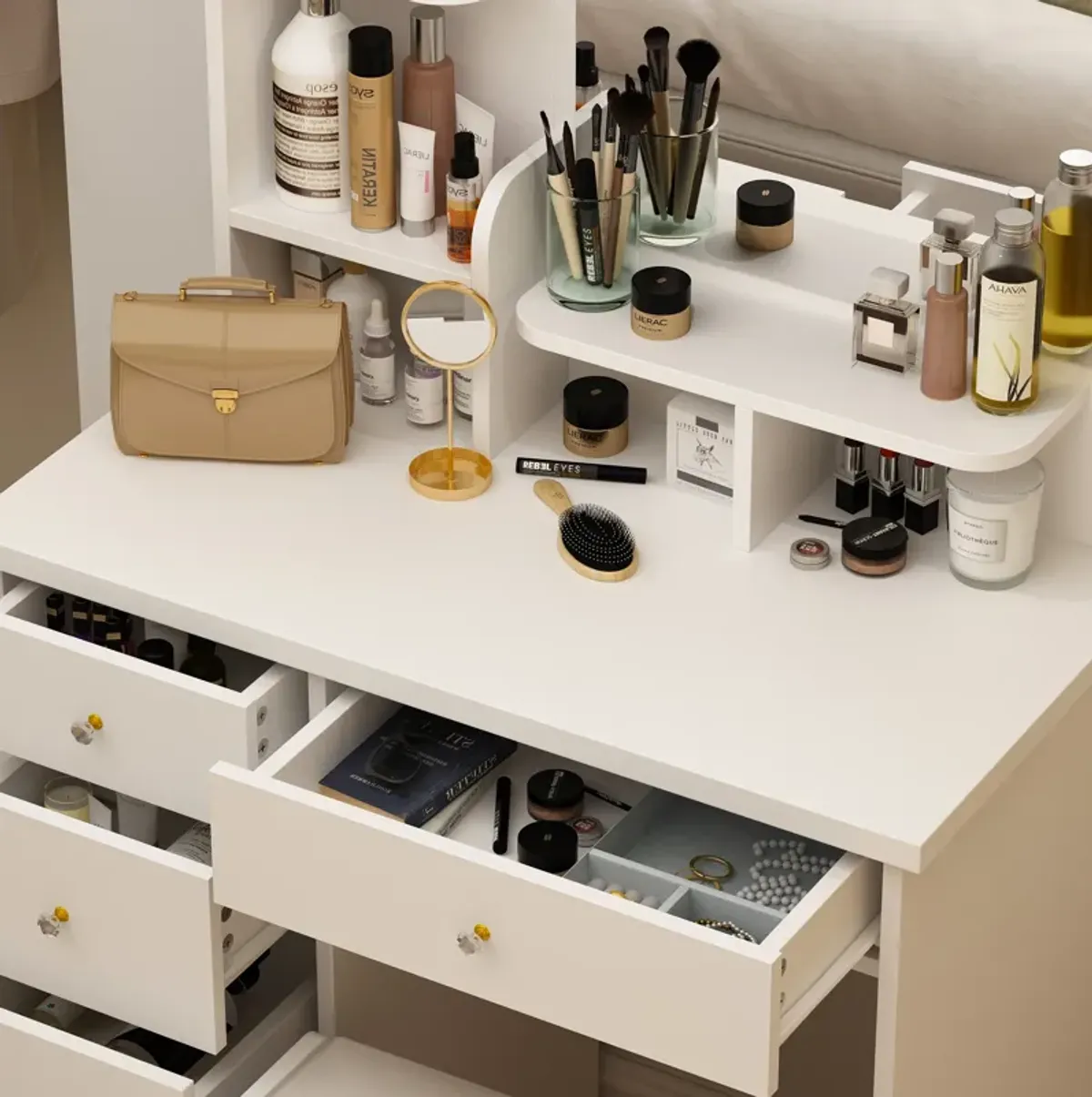 5-Drawers White Makeup Vanity Table Wooden Dressing Desk With Mirror and 3-Tier Storage Shelves 55.1 x 31.5 x 15.7 In.