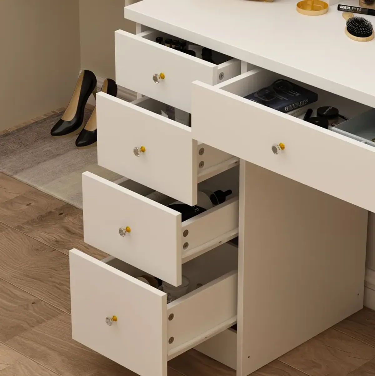 5-Drawers White Makeup Vanity Table Wooden Dressing Desk With Mirror and 3-Tier Storage Shelves 55.1 x 31.5 x 15.7 In.