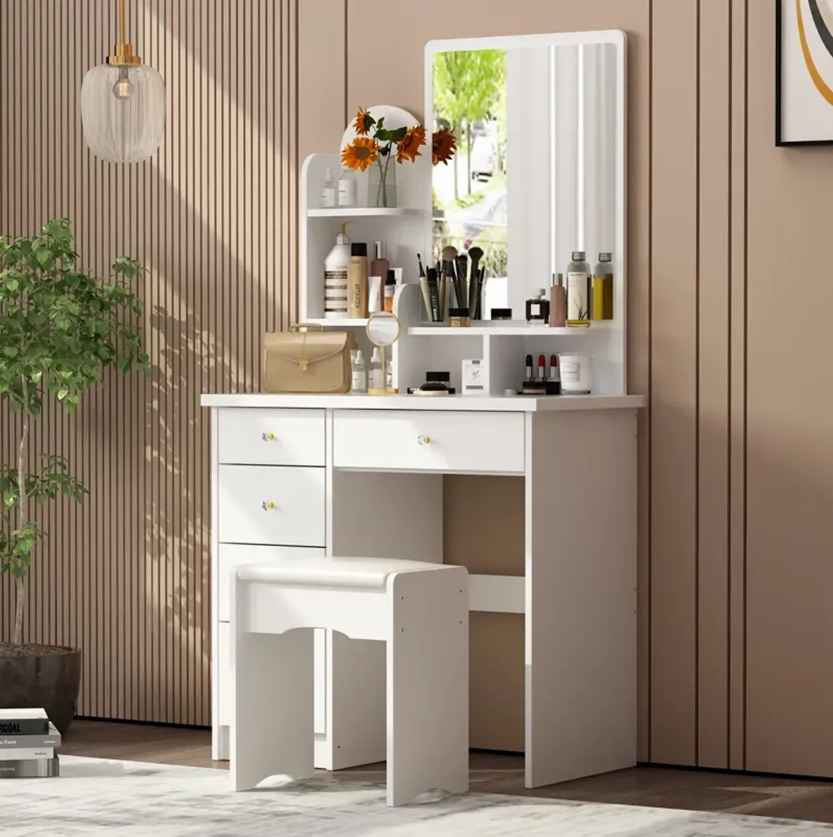 5-Drawers White Makeup Vanity Table Wooden Dressing Desk With Mirror and 3-Tier Storage Shelves 55.1 x 31.5 x 15.7 In.