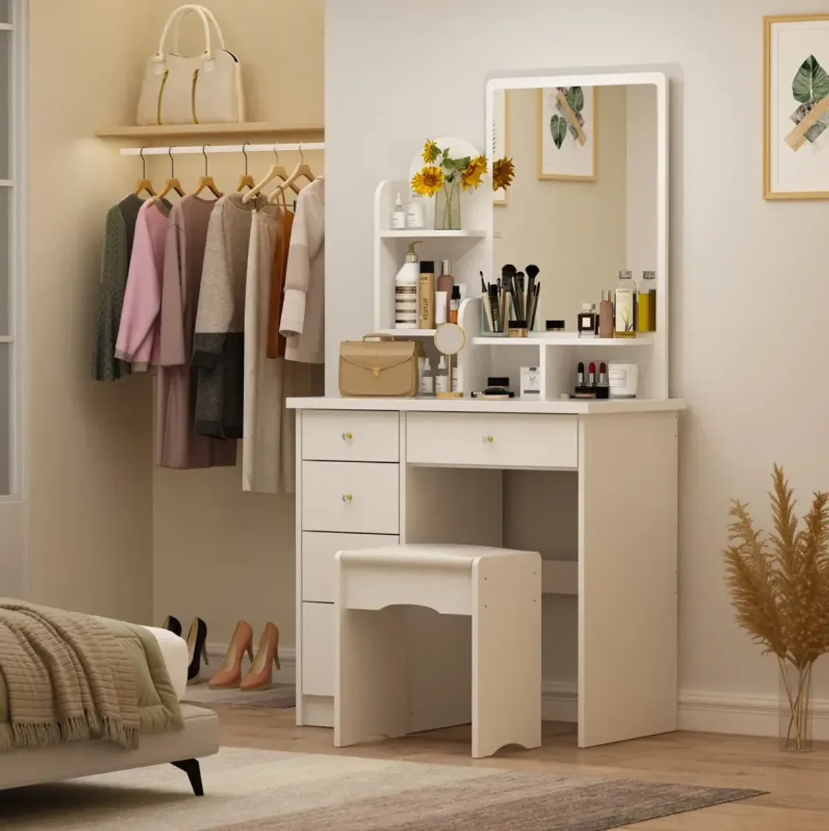 5-Drawers White Makeup Vanity Table Wooden Dressing Desk With Mirror and 3-Tier Storage Shelves 55.1 x 31.5 x 15.7 In.