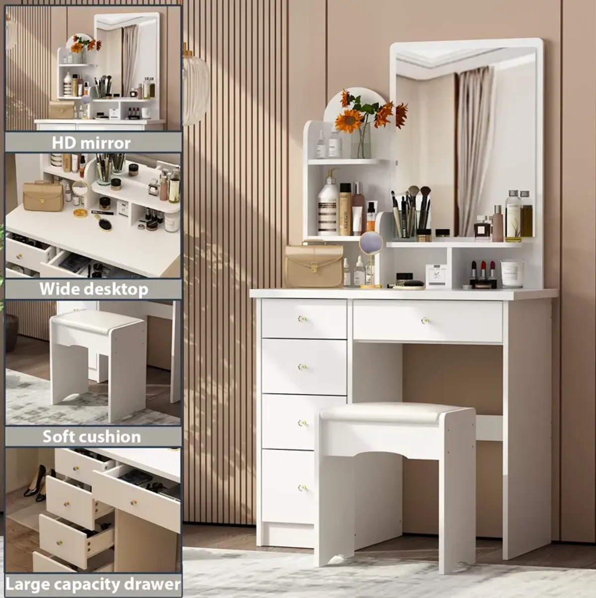 5-Drawers White Makeup Vanity Table Wooden Dressing Desk With Mirror and 3-Tier Storage Shelves 55.1 x 31.5 x 15.7 In.