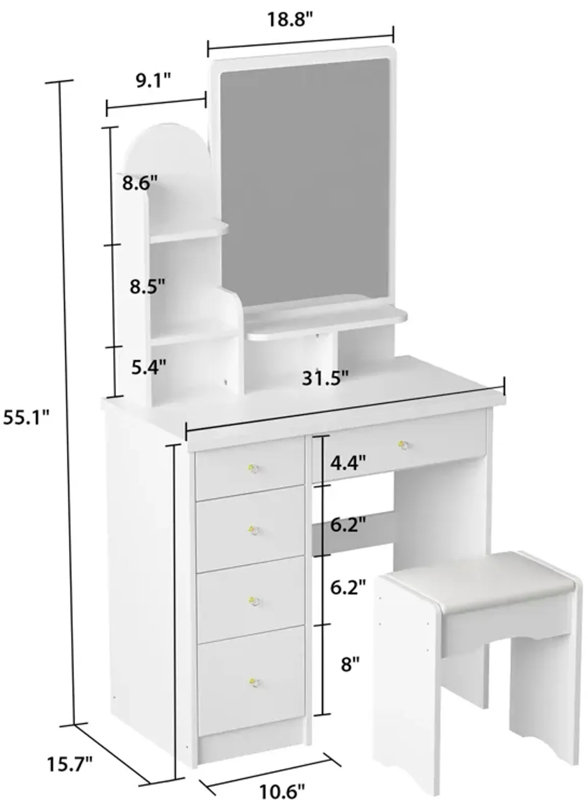 5-Drawers White Makeup Vanity Table Wooden Dressing Desk With Mirror and 3-Tier Storage Shelves 55.1 x 31.5 x 15.7 In.