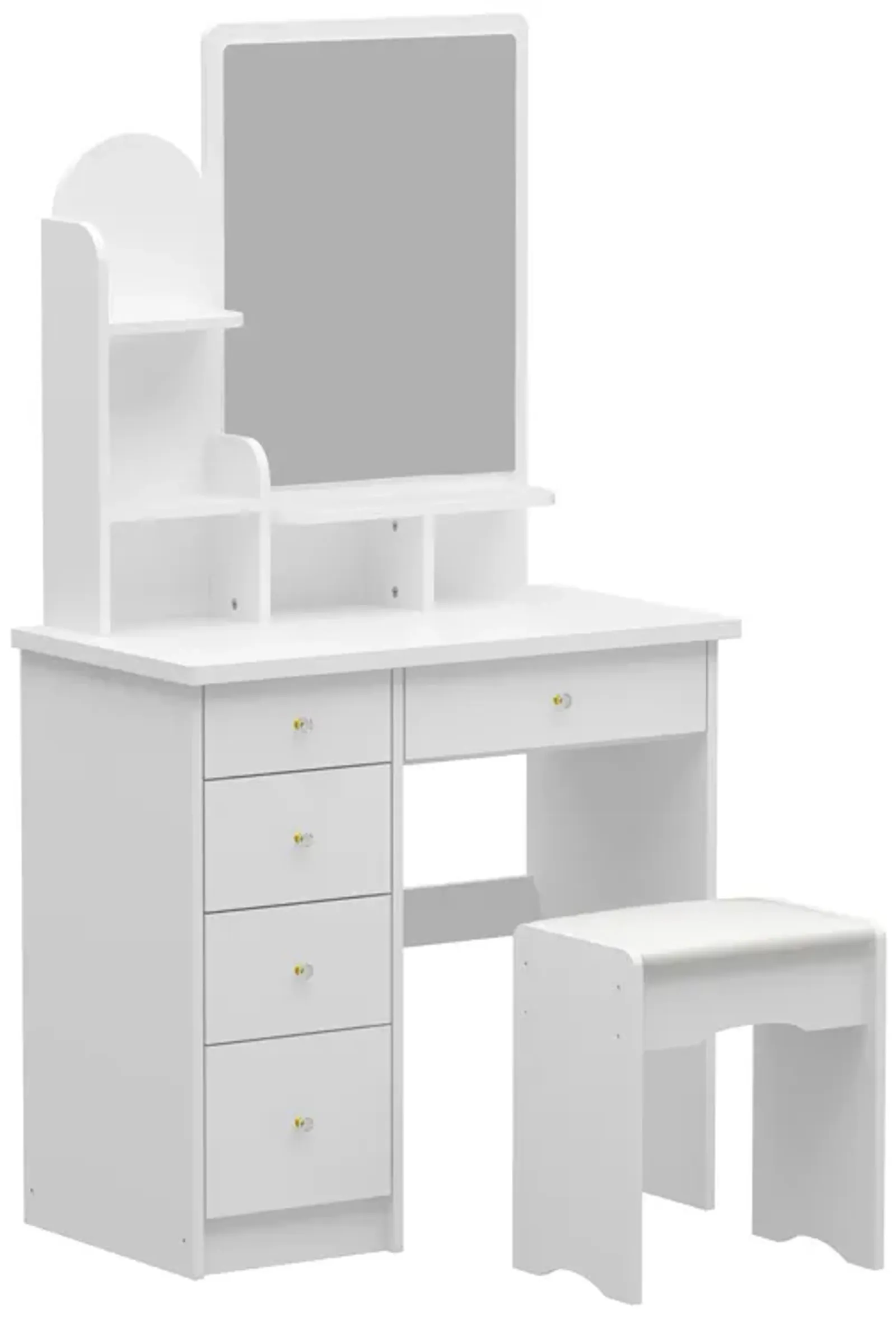 5-Drawers White Makeup Vanity Table Wooden Dressing Desk With Mirror and 3-Tier Storage Shelves 55.1 x 31.5 x 15.7 In.