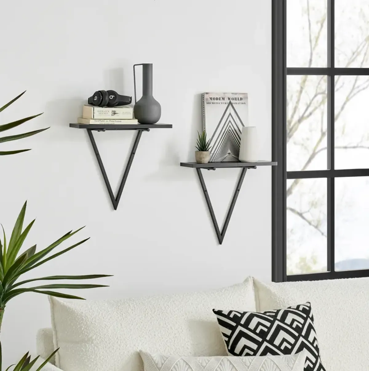 Contemporary Decorative Triangle Accent Metal Frame Wall Shelf - Reversible Configuration