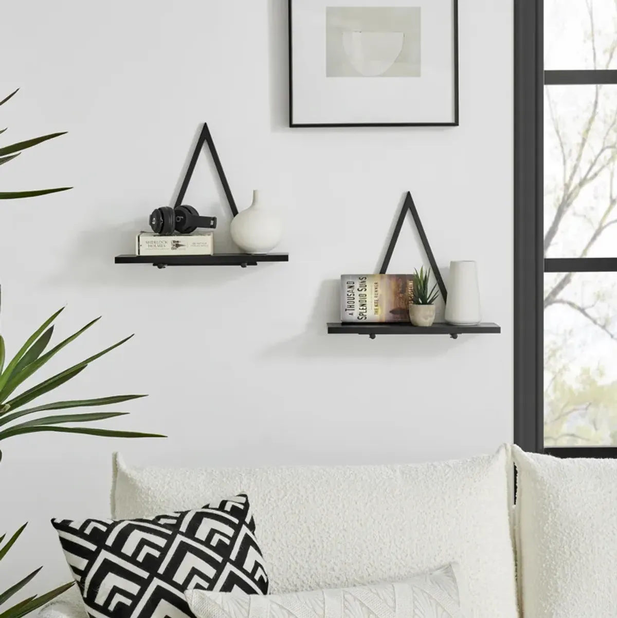 Contemporary Decorative Triangle Accent Metal Frame Wall Shelf - Reversible Configuration