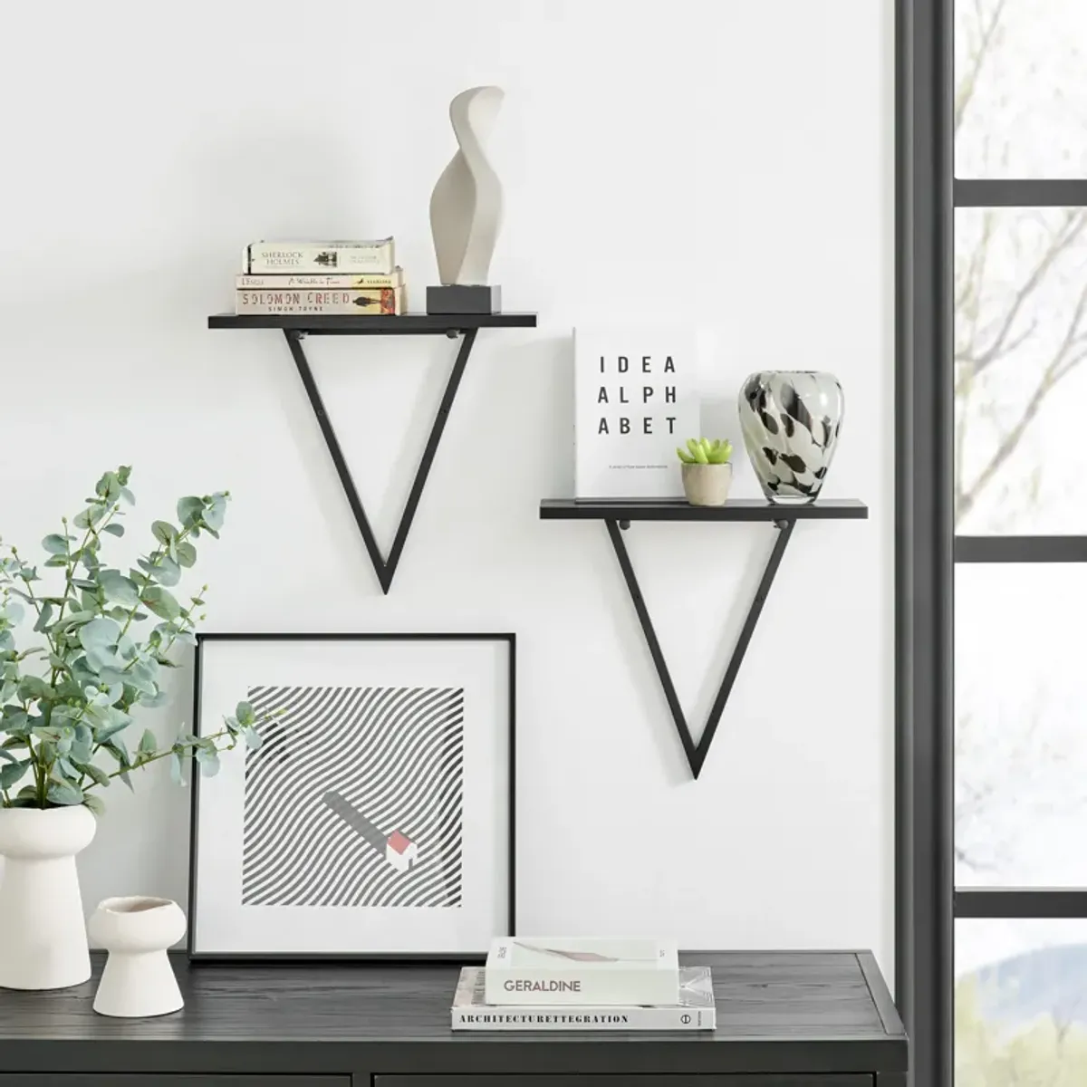 Contemporary Decorative Triangle Accent Metal Frame Wall Shelf - Reversible Configuration