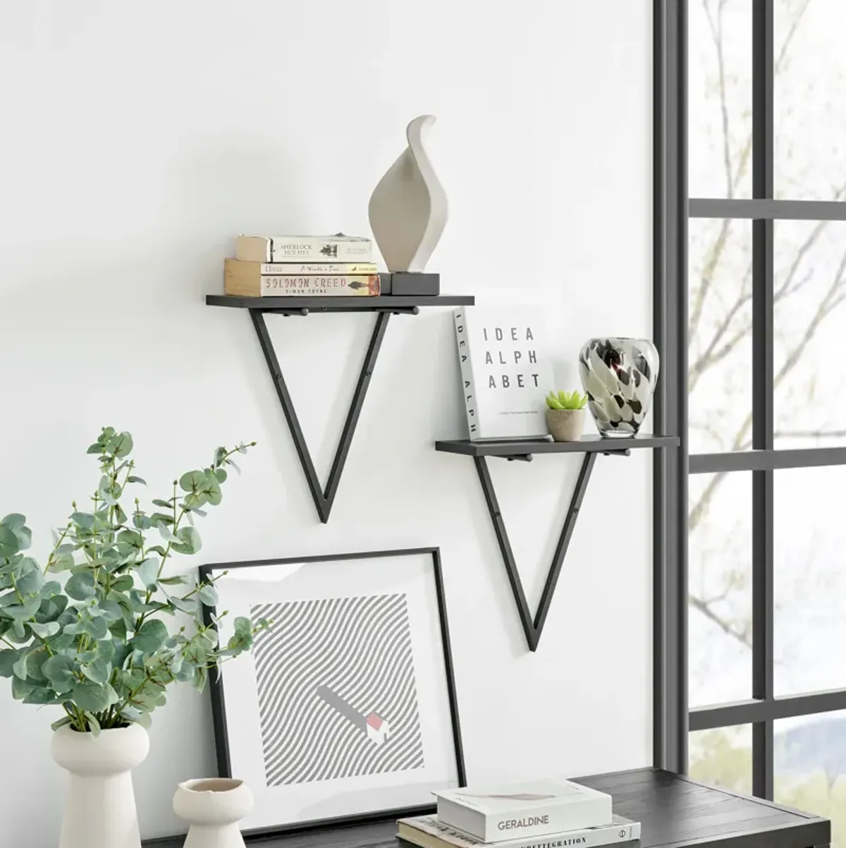 Contemporary Decorative Triangle Accent Metal Frame Wall Shelf - Reversible Configuration