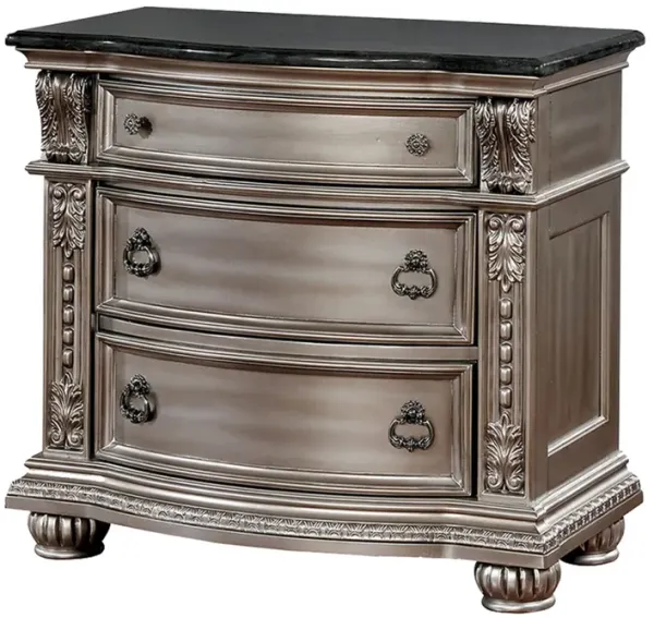 Solid Wood with Marble Top Nightstand with Three Drawers, Silver-Benzara