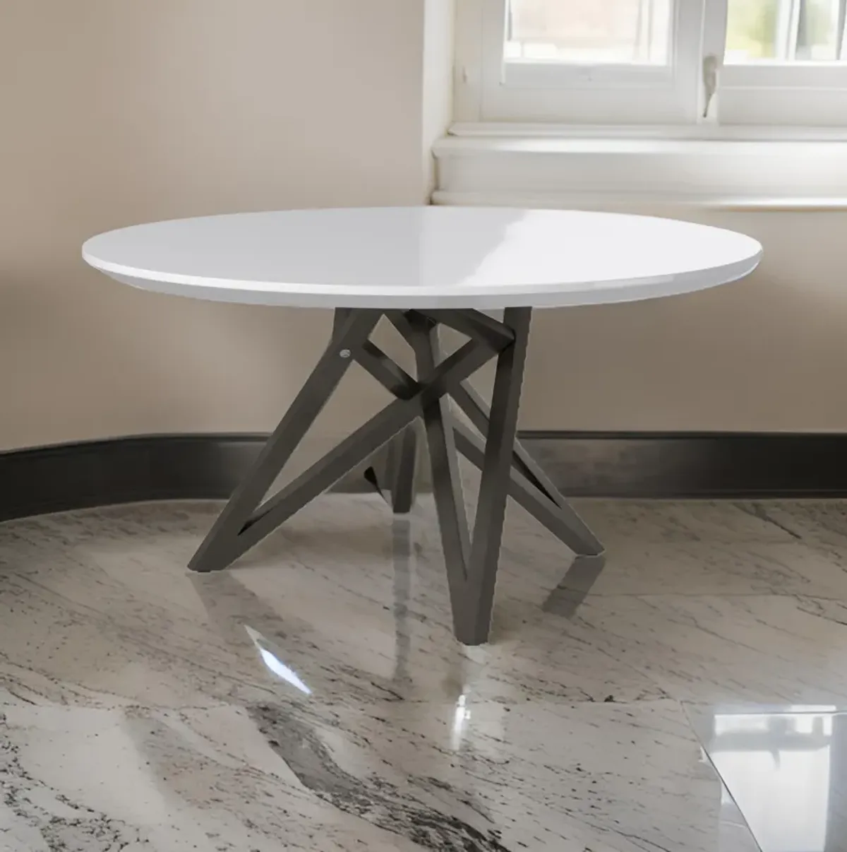 Kimya 47 Inch Dining Table, Round Wood Top, Angled Steel Legs, White, Black - Benzara