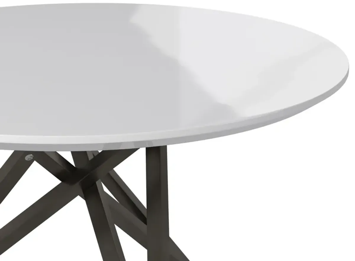 Kimya 47 Inch Dining Table, Round Wood Top, Angled Steel Legs, White, Black - Benzara