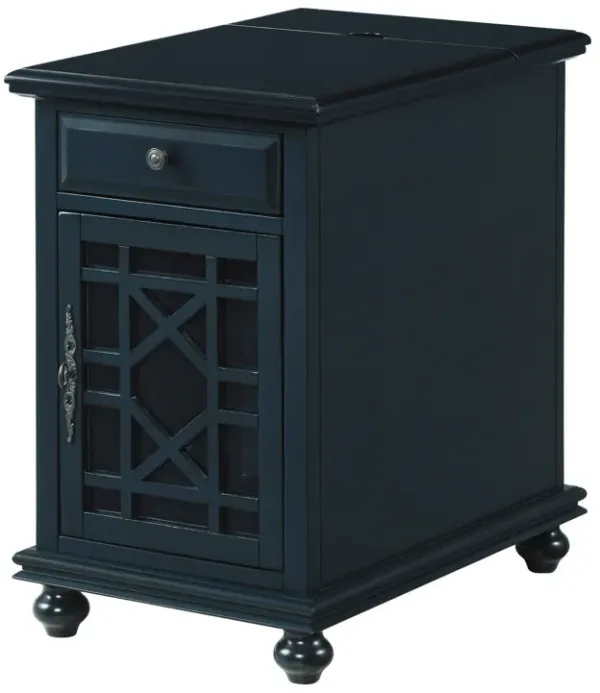 Chairside Table with 1 Drawer and 1 Trellis Door, Blue-Benzara