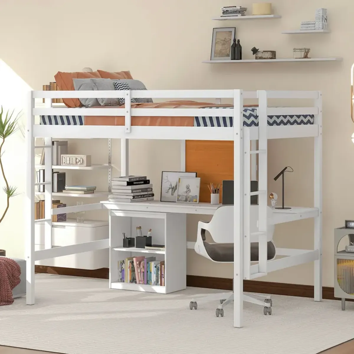 Merax Modern  Wooden Loft Bed with Desk