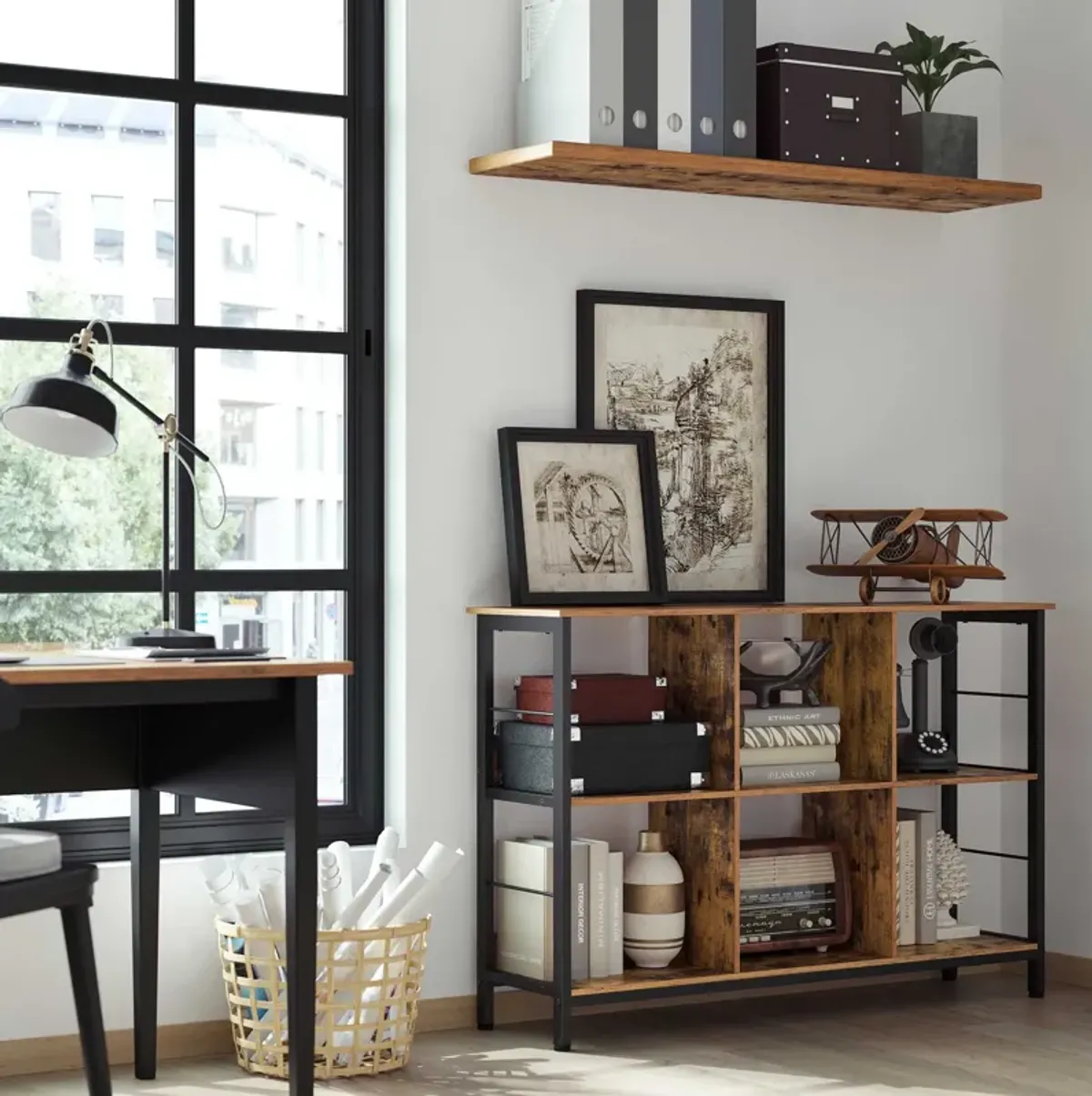 Modern Bookcase with 6 Storage Cubes for Elegant Organization