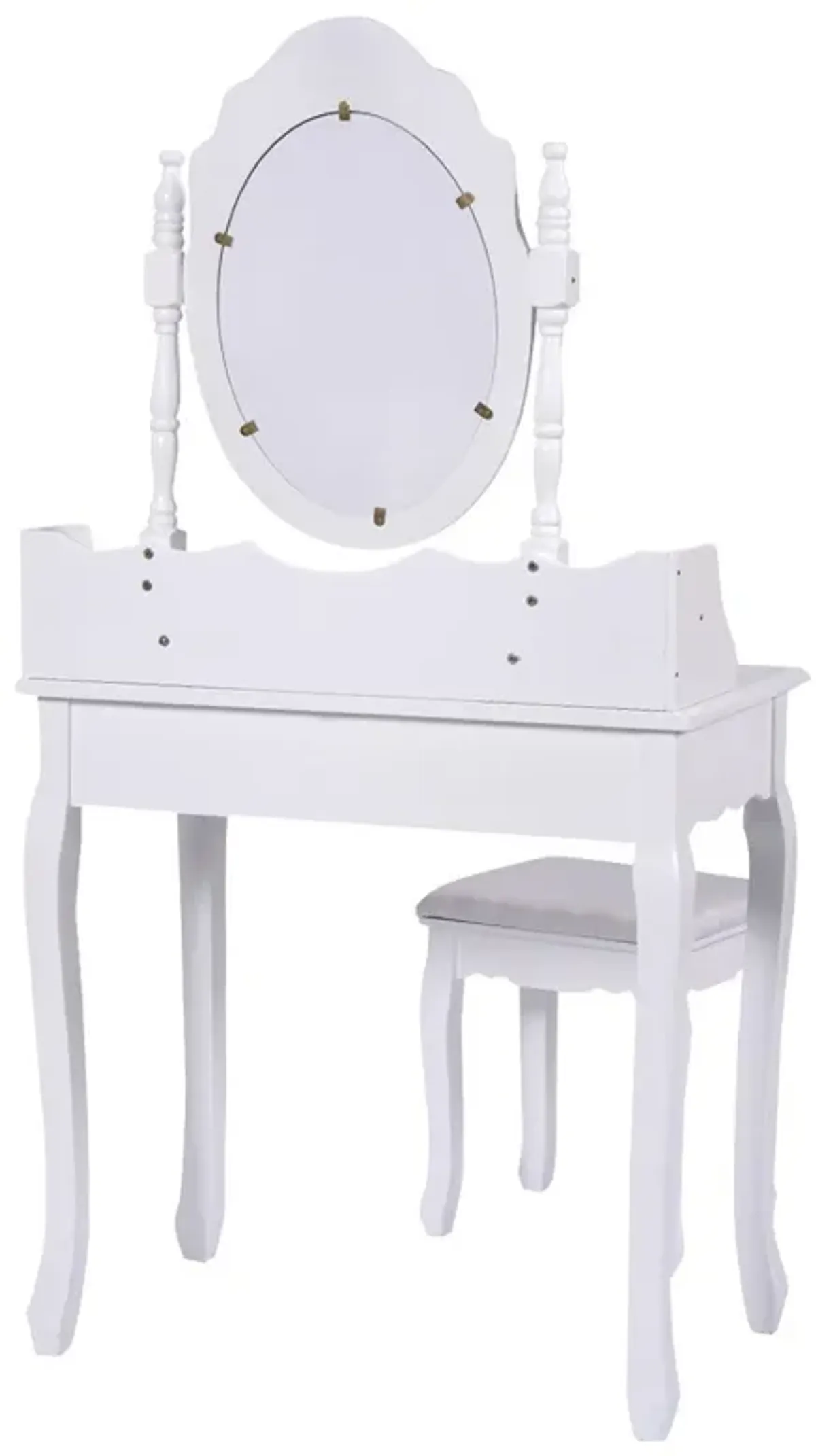 Vanity Table Set with Cushioned Stool with 360° Rotating Oval Mirror and Three Drawers