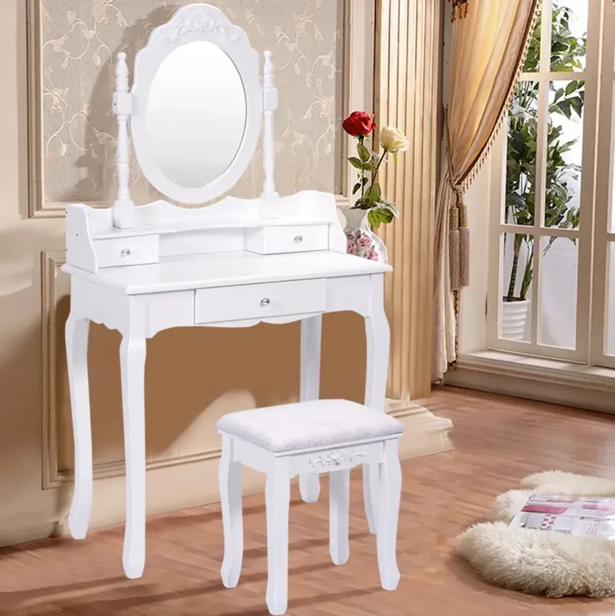 Vanity Table Set with Cushioned Stool with 360° Rotating Oval Mirror and Three Drawers