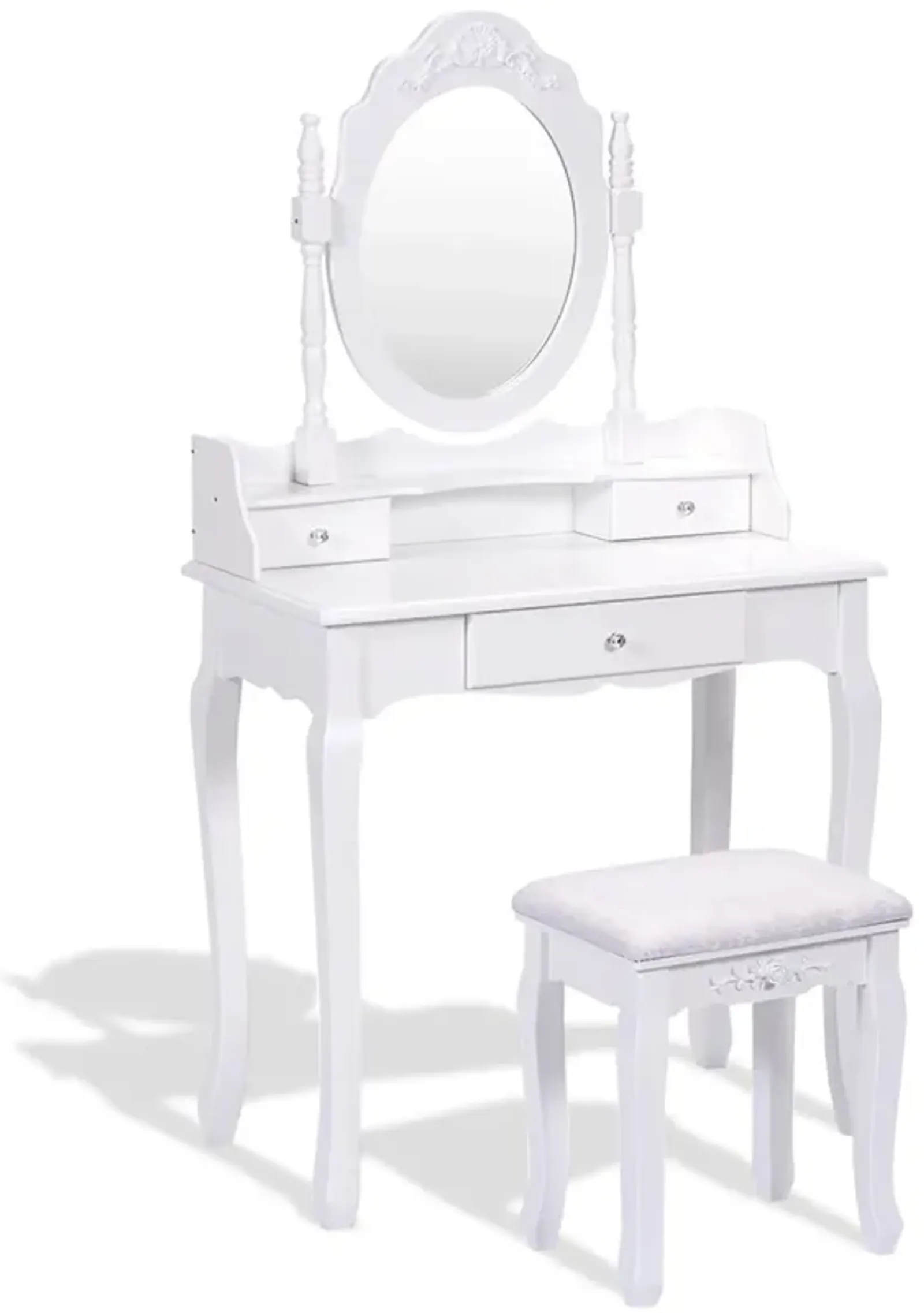 Vanity Table Set with Cushioned Stool with 360° Rotating Oval Mirror and Three Drawers