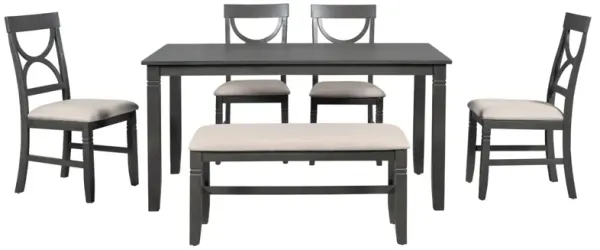 6-Piece Wood Dining Table Set Kitchen Table Set with Upholstered Bench and 4 Dining Chairs, Farmhouse Style
